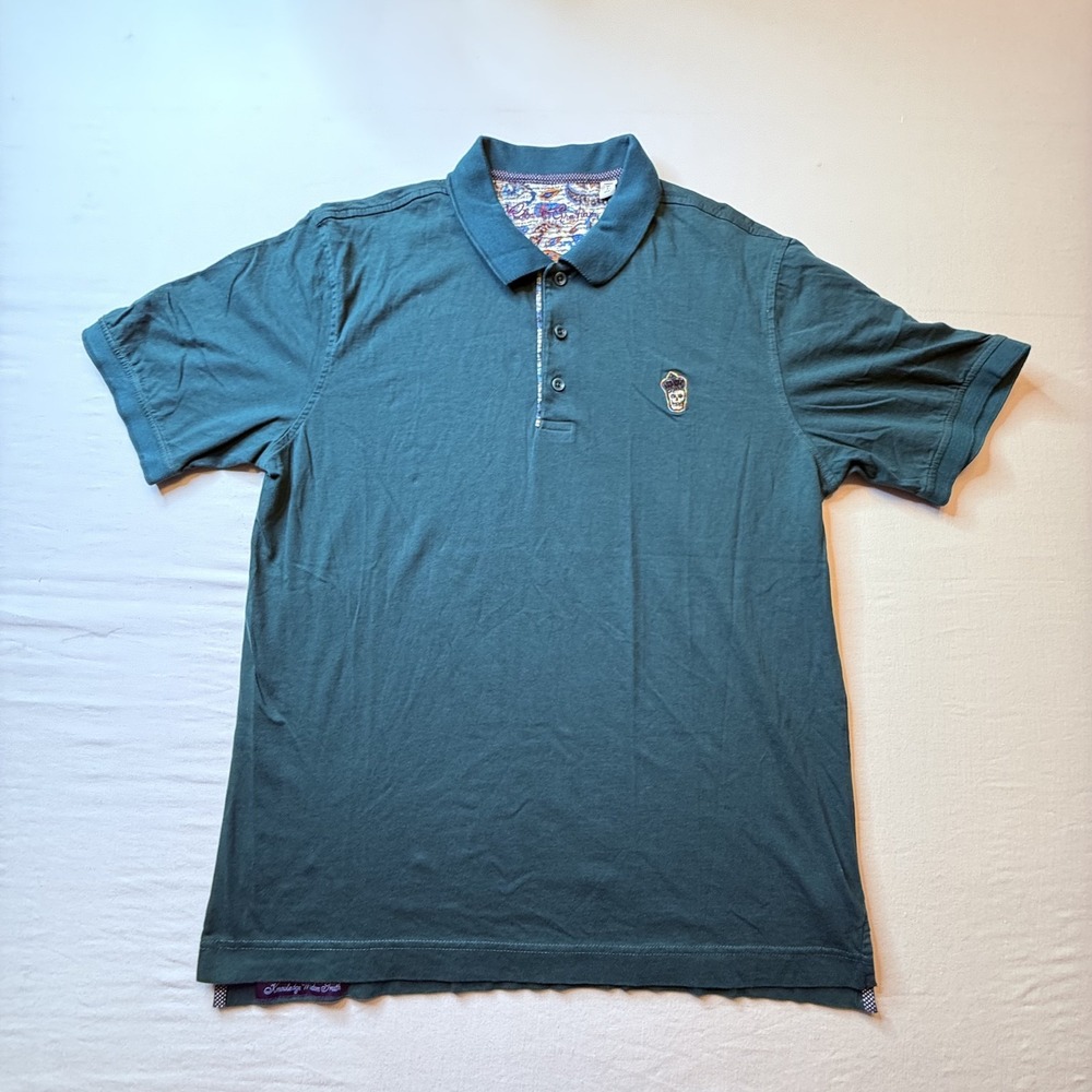 Robert Graham Mens Teal Green Skull Crown Embroidered Paisley Polo Shirt Large